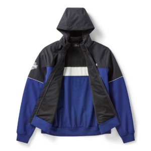 Hooded blue and black windbreaker laid flat with a white stripe across the chest and a partially unzipped front, showing black inner panels.