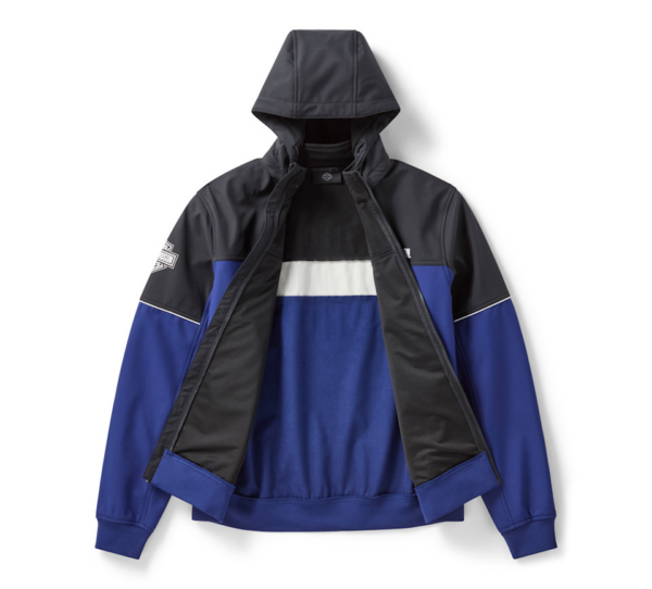Hooded blue and black windbreaker laid flat with a white stripe across the chest and a partially unzipped front, showing black inner panels.