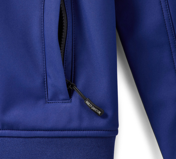 Close-up of a blue jacket zipper with a black pull tab that reads 'Harley-Davidson'.