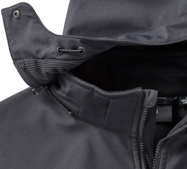 Close-up of a dark rain jacket hood showing drawstring grommets and a zipper at the collar.