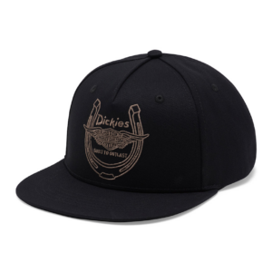 Black cap with a brown, embroidered front logo (Dickies) on the crown.