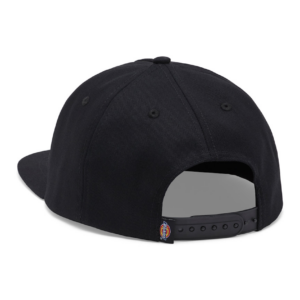 Rear view of a black baseball cap with an adjustable plastic snap strap and small side tag