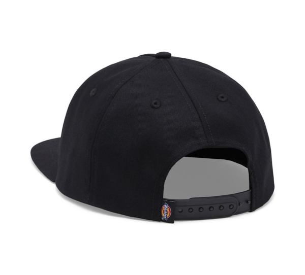 Rear view of a black baseball cap with an adjustable plastic snap strap and small side tag