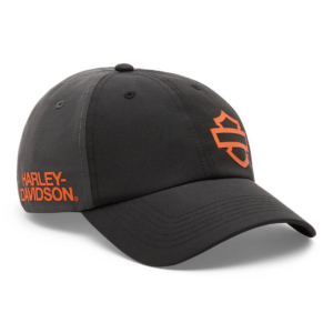 Black Harley-Davidson baseball cap with an orange front emblem and orange side text.