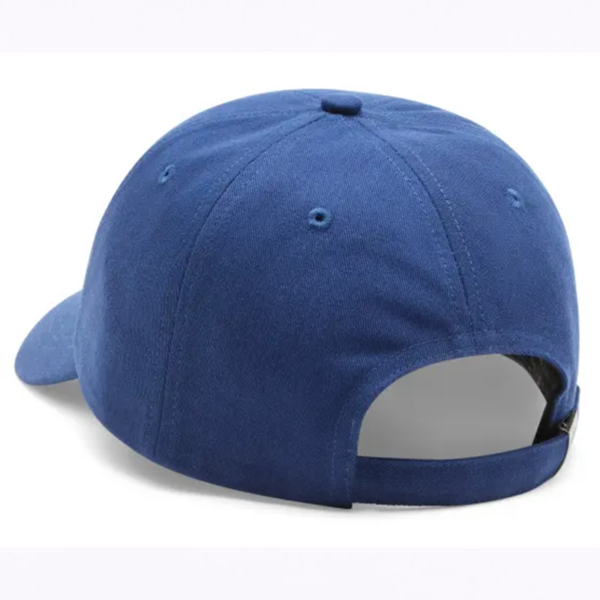 Blue baseball cap seen from the back with an adjustable strap closure