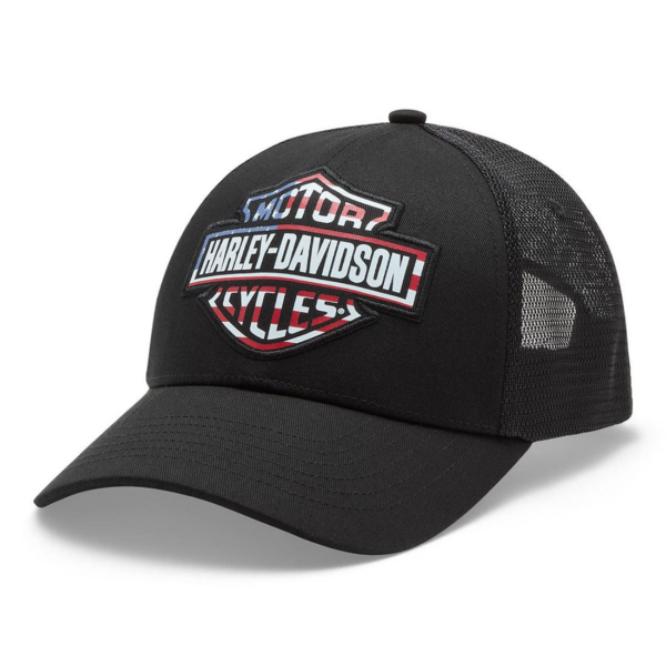 Black trucker cap with Harley-Davidson logo patch on the front.