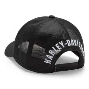 Black mesh trucker cap seen from the back, with white HARLEY-DAVIDSON lettering along the curved strap area.