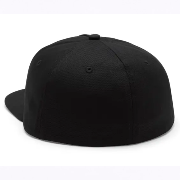 Rear view of a plain black baseball cap on a white surface, no visible logos or designs.