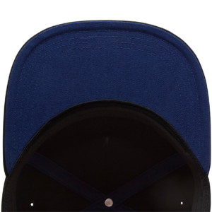 Blue baseball cap viewed from above, showing the inside of the brim and stitching along the edge of the cap surface and crown seams.