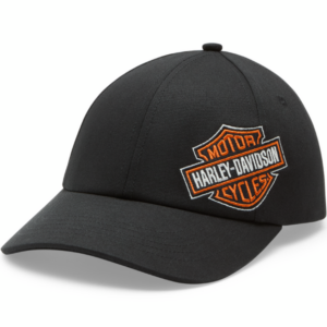 Black baseball cap with Harley-Davidson Motor Cycles logo on the front cap panel, in orange and white.