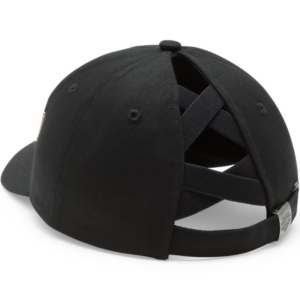 Back view of a black baseball cap showing an adjustable strap and crisscross fabric bands in the back.