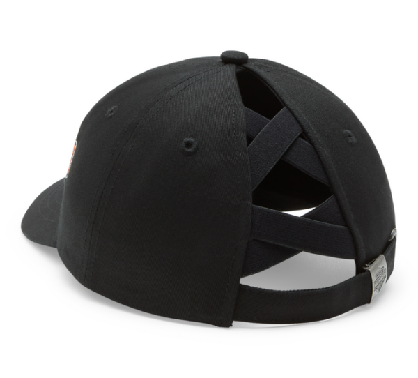 Back view of a black baseball cap showing an adjustable strap and crisscross fabric bands in the back.