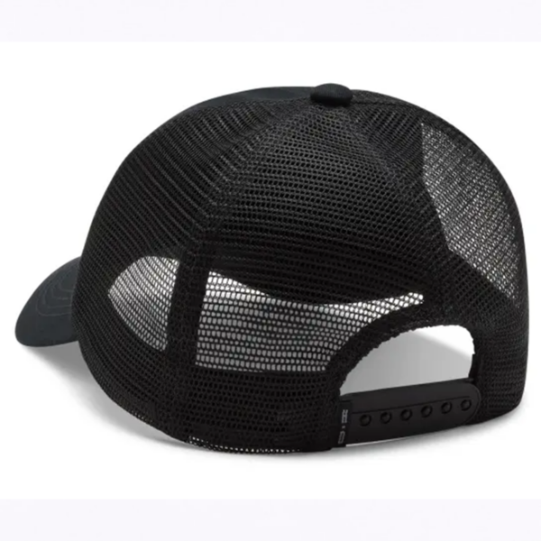 Rear view of a black mesh trucker cap with an adjustable snapback strap