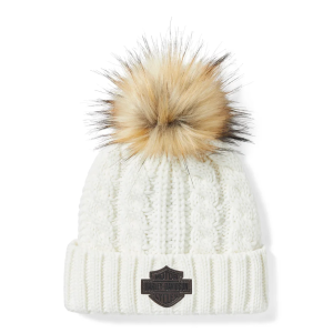 Women's Leather Patch Pom Beanie