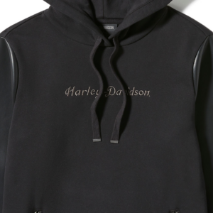 Women's Faux Leather Sleeve Pullover Hoodie - Harley Black - Image 3
