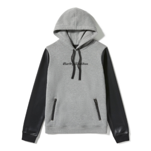 Women's Faux Leather Sleeve Pullover Hoodie - Colorblock - Medium Grey Heather & Harley Black - Image 1
