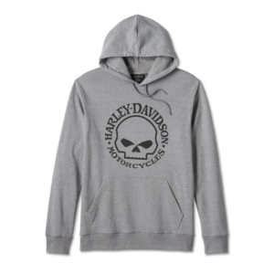 Grey hoodie with Harley-Davidson logo: circular badge around a skull on the chest area (front view).