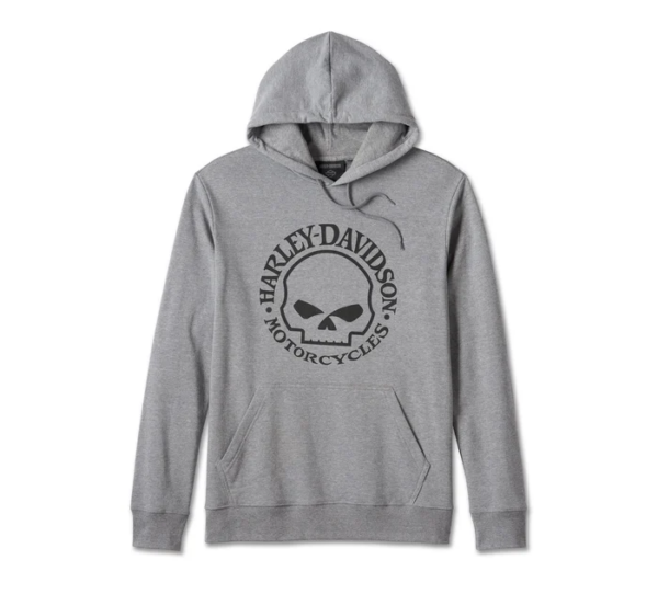 99067-24vm | Harley-davidson® Online Grey hoodie with Harley-Davidson logo: circular badge around a skull on the chest area (front view).