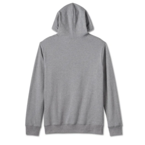 Back view of a plain gray hoodie with a hood and ribbed cuffs and waistband, long sleeves.