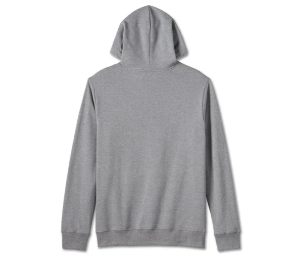 99067-24vm B | Harley-davidson® Online Back view of a plain gray hoodie with a hood and ribbed cuffs and waistband, long sleeves.