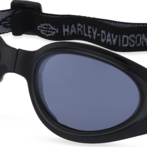 Black motorcycle goggles with blue lenses and an elastic Harley-Davidson strap, designed to protect eyes while riding