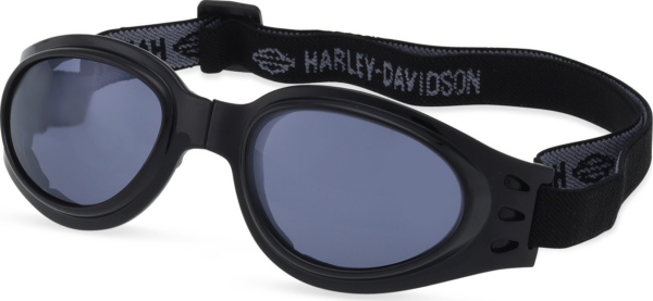300790_01a56 | Harley-davidson® Online Black motorcycle goggles with blue lenses and an elastic Harley-Davidson strap, designed to protect eyes while riding
