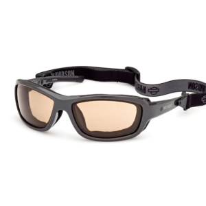 Sporty black sunglasses with tan lenses and an adjustable elastic strap marked Harley‑Davidson