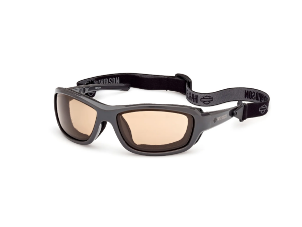 30888318_original | Harley-davidson® Online Sporty black sunglasses with tan lenses and an adjustable elastic strap marked Harley‑Davidson