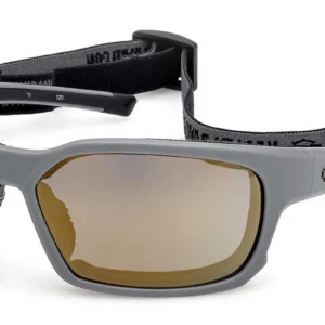 Gray sport sunglasses with a wraparound frame, brown mirrored lenses, and a black adjustable strap.