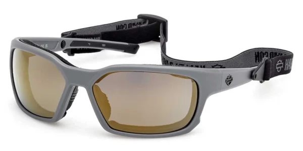 Gray sport sunglasses with a wraparound frame, brown mirrored lenses, and a black adjustable strap.
