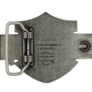 Back view of a gray metal belt buckle with its locking prong and hinge mechanism; stamped 'Made in Taiwan' on the plate.