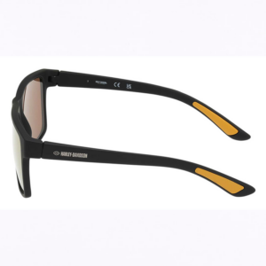 Black Harley-Davidson sunglasses with orange-accent tips and brown lenses, side view showing logo on temple.