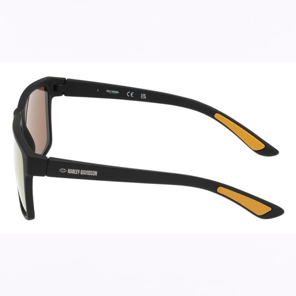 Hm00003-05g B | Harley-davidson® Online Black Harley-Davidson sunglasses with orange-accent tips and brown lenses, side view showing logo on temple.