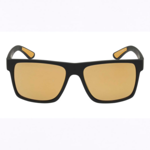 Black plastic sunglasses with amber lenses, shown front-on as a product photo.