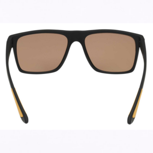 Black rectangular sunglasses with brown lenses and yellow accents on the temple tips, front view.