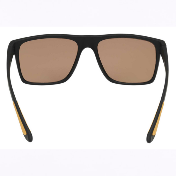 Hm00003-05g D | Harley-davidson® Online Black rectangular sunglasses with brown lenses and yellow accents on the temple tips, front view.