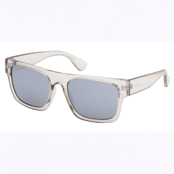 Clear translucent-frame sunglasses with blue-gray lenses, viewed from an angled side.