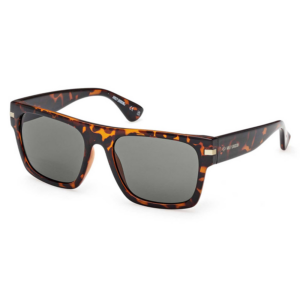 Tortoiseshell rectangular sunglasses with gray lenses and brand logo on the temple, shown from a slight angle for product display