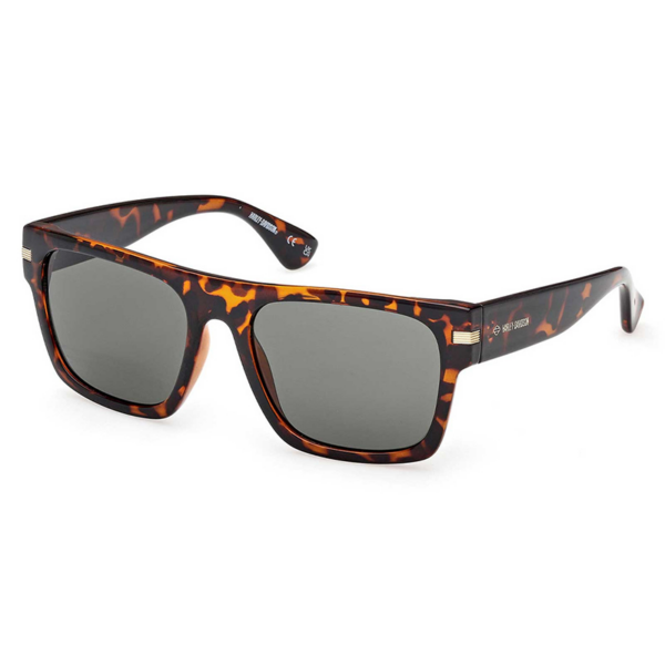 Tortoiseshell rectangular sunglasses with gray lenses and brand logo on the temple, shown from a slight angle for product display