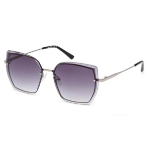 Square-framed sunglasses with gradient purple lenses and thin metal arms, angled for display.