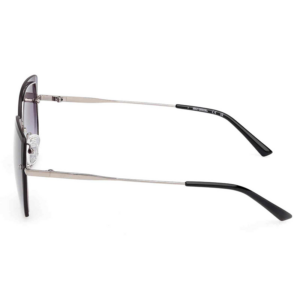 Side view of metal-framed eyeglasses with clear nose pads and black temple tips on white background