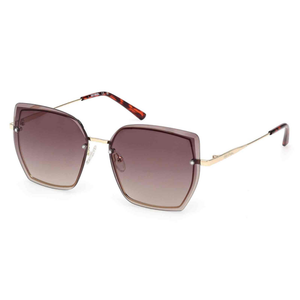 Oversized square sunglasses with gradient purple-to-brown lenses and a gold-tone metal frame.
