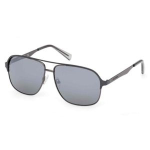 Pair of gray aviator sunglasses with a metal frame on a white background, lenses tinted blue-gray.