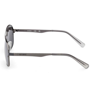 Profile view of gray metal-framed sunglasses with dark lenses and light gray tips on the temple ends