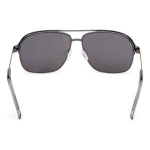 Metal-framed sunglasses with dark gray lenses, facing forward and showing nose pads.