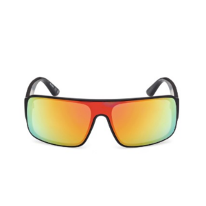 Sunglasses with a black frame and rainbow mirrored lenses in a wraparound style