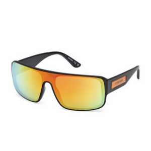Wraparound black sunglasses with mirrored orange-to-yellow lenses and orange logo on the arm, lifestyle/athletic style.