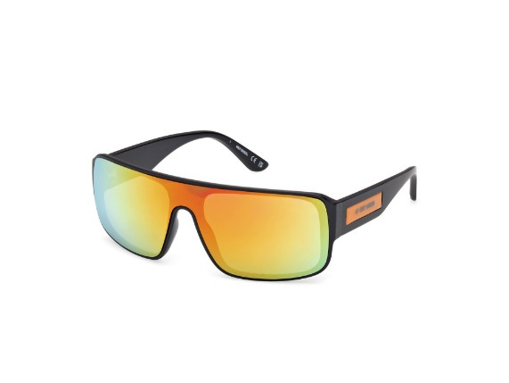 Hm00013-02c B | Harley-davidson® Online Wraparound black sunglasses with mirrored orange-to-yellow lenses and orange logo on the arm, lifestyle/athletic style.