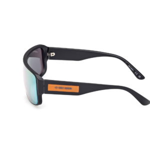 Black sunglasses with mirrored blue lenses and an orange Harley-Davidson badge on the temple (side view).