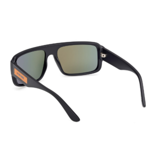 Black rectangular sunglasses with mirrored lenses and orange accent on the temple, shown in a side-angle product shot